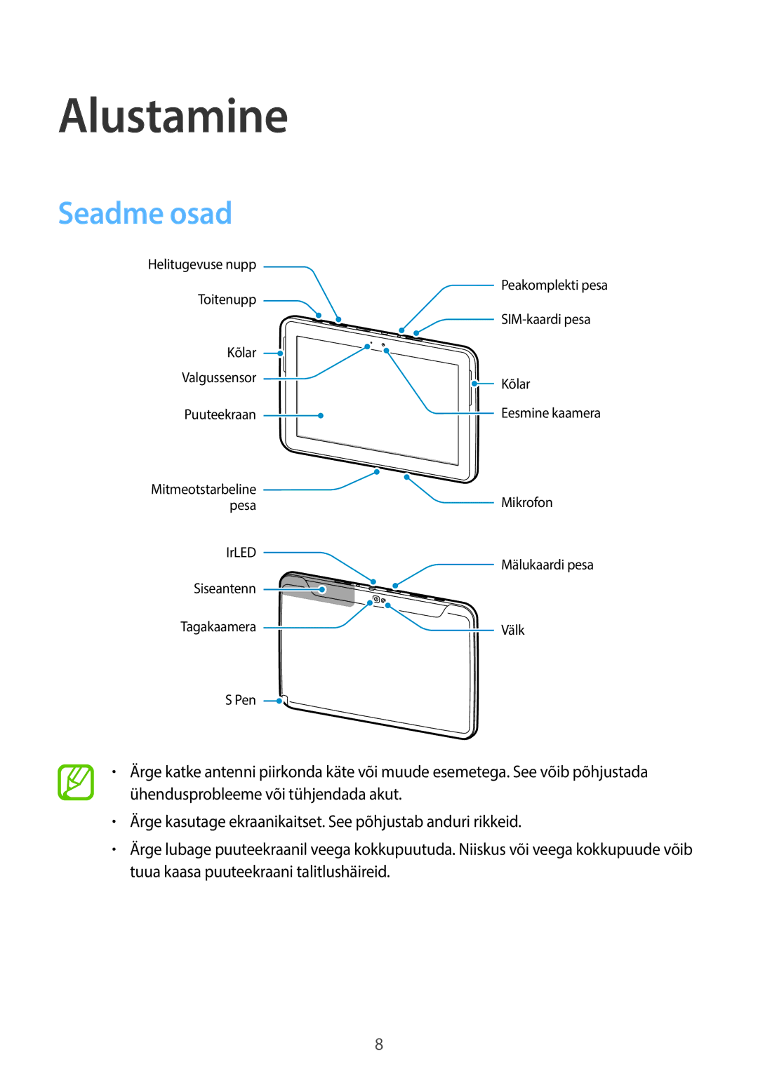 Samsung GT-N8000EAASEB, GT-N8000ZWASEB manual Alustamine, Seadme osad 