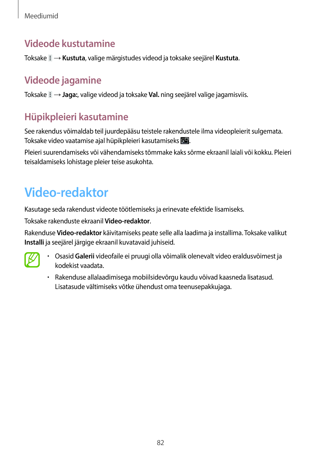 Samsung GT-N8000EAASEB, GT-N8000ZWASEB manual Video-redaktor, Videode kustutamine, Videode jagamine, Hüpikpleieri kasutamine 