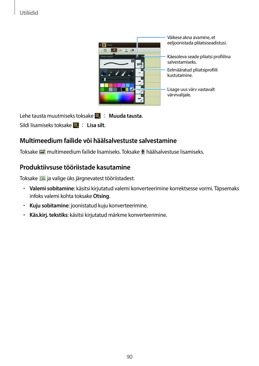 Samsung GT-N8000EAASEB manual Multimeedium failide või häälsalvestuste salvestamine, Produktiivsuse tööriistade kasutamine 
