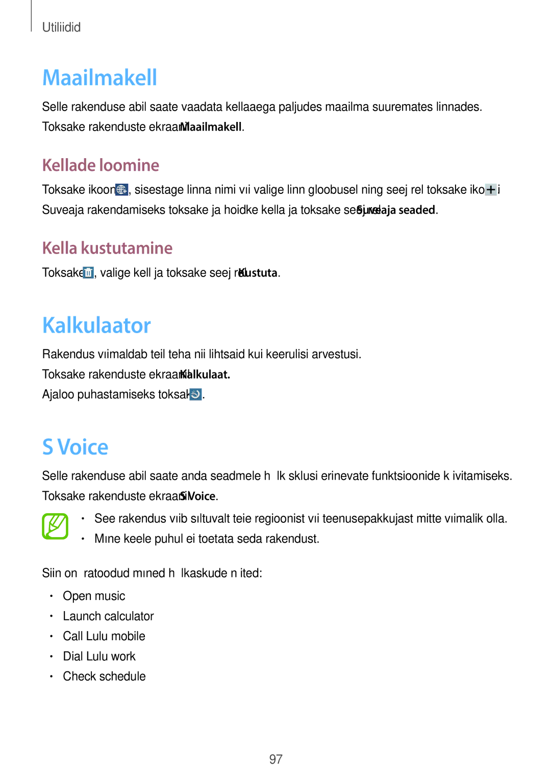 Samsung GT-N8000ZWASEB, GT-N8000EAASEB manual Maailmakell, Kalkulaator, Voice, Kellade loomine, Kella kustutamine 