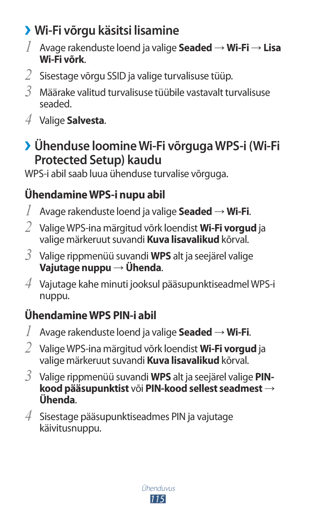 Samsung GT-N8000ZWASEB manual ››Wi-Fi võrgu käsitsi lisamine, Protected Setup kaudu, Ühendamine WPS-i nupu abil, Wi-Fi võrk 