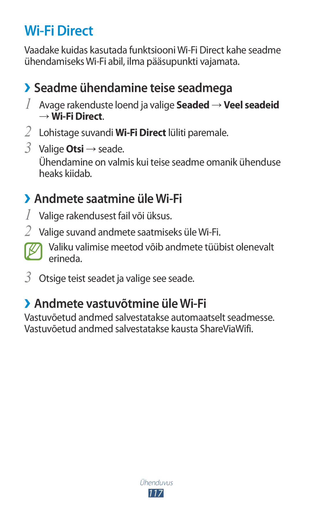 Samsung GT-N8000ZWASEB manual ››Seadme ühendamine teise seadmega, ››Andmete saatmine üle Wi-Fi, → Wi-Fi Direct 