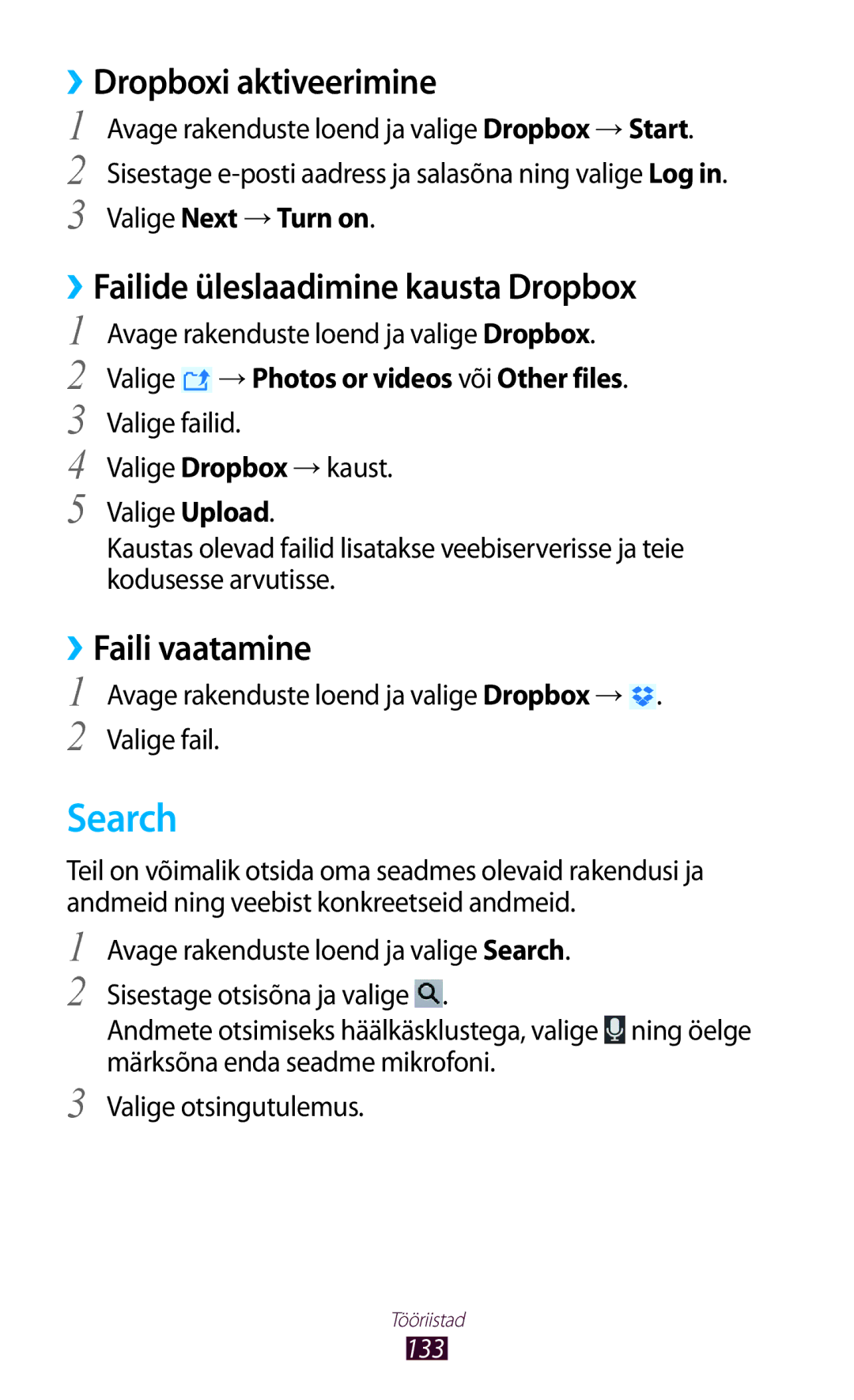 Samsung GT-N8000ZWASEB manual Search, ››Dropboxi aktiveerimine, ››Failide üleslaadimine kausta Dropbox, ››Faili vaatamine 