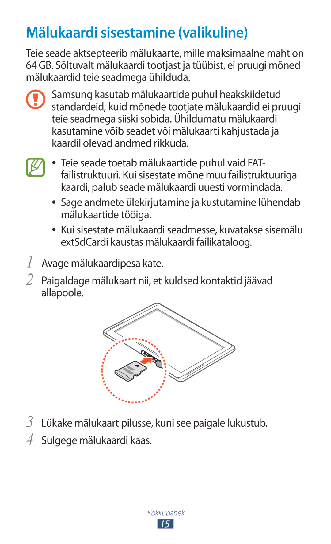 Samsung GT-N8000ZWASEB, GT-N8000EAASEB manual Mälukaardi sisestamine valikuline 