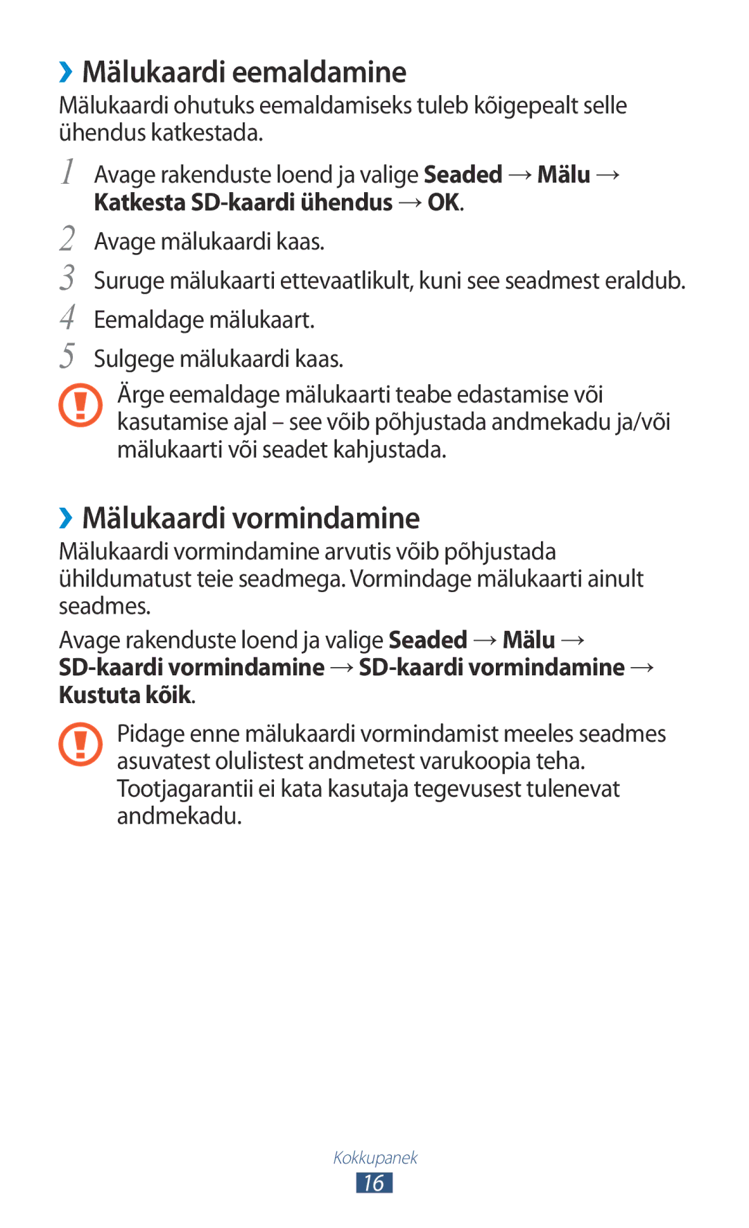 Samsung GT-N8000EAASEB, GT-N8000ZWASEB manual ››Mälukaardi eemaldamine, ››Mälukaardi vormindamine 