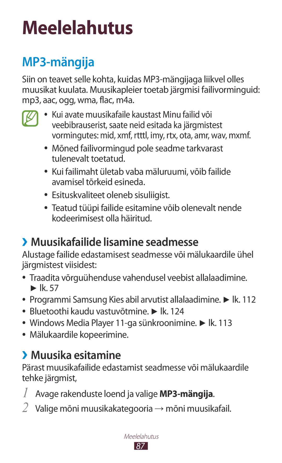 Samsung GT-N8000ZWASEB, GT-N8000EAASEB manual MP3-mängija, ››Muusikafailide lisamine seadmesse, ››Muusika esitamine 