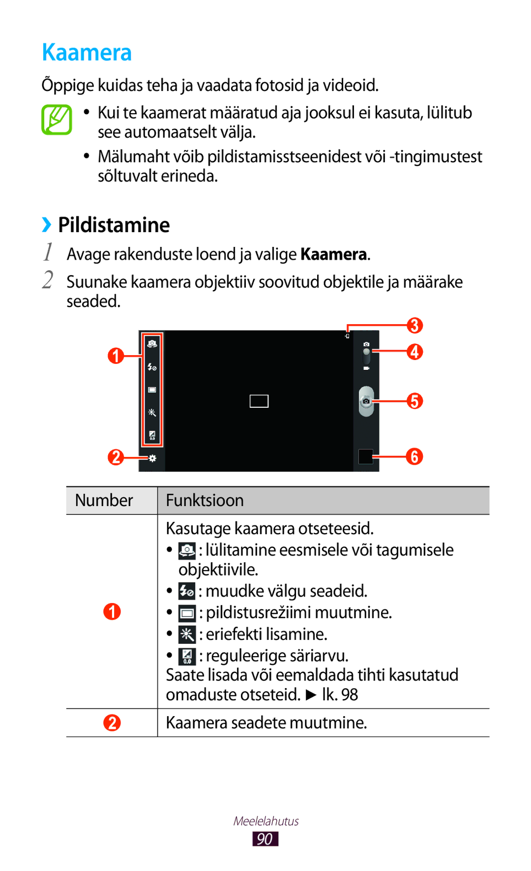 Samsung GT-N8000EAASEB, GT-N8000ZWASEB manual ››Pildistamine, Omaduste otseteid. lk, Kaamera seadete muutmine 