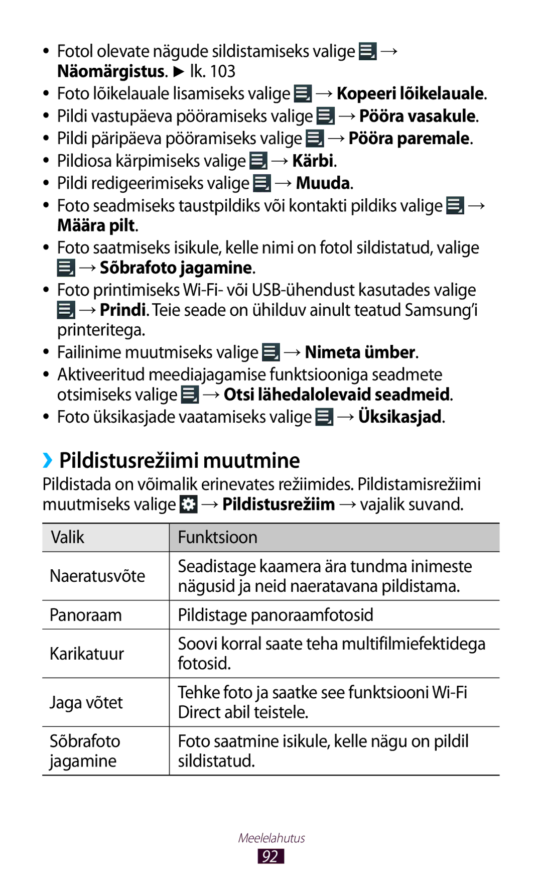 Samsung GT-N8000EAASEB, GT-N8000ZWASEB manual ››Pildistusrežiimi muutmine, Näomärgistus. lk, →Kärbi, →Sõbrafoto jagamine 