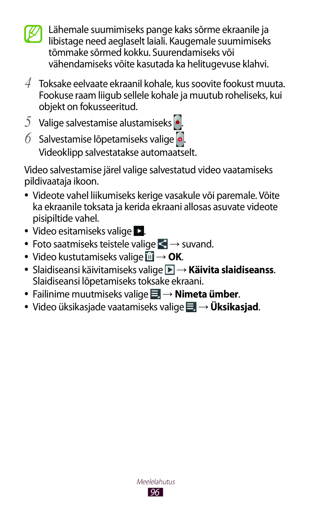 Samsung GT-N8000EAASEB, GT-N8000ZWASEB manual Video kustutamiseks valige →OK 