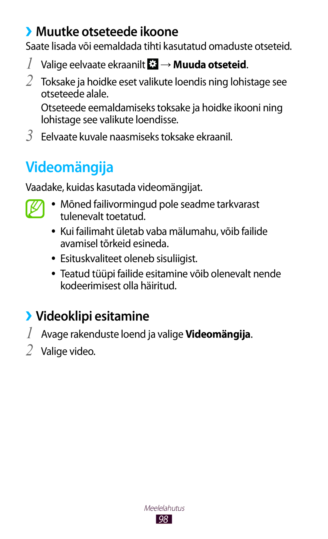 Samsung GT-N8000EAASEB, GT-N8000ZWASEB manual Videomängija, ››Muutke otseteede ikoone, ››Videoklipi esitamine 