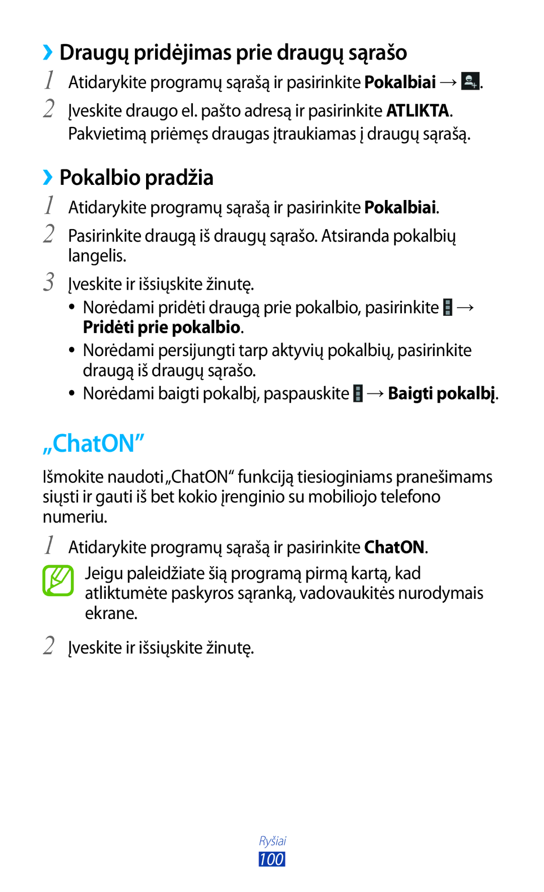 Samsung GT-N8000EAASEB, GT-N8000ZWASEB manual „ChatON, ››Draugų pridėjimas prie draugų sąrašo, ››Pokalbio pradžia 