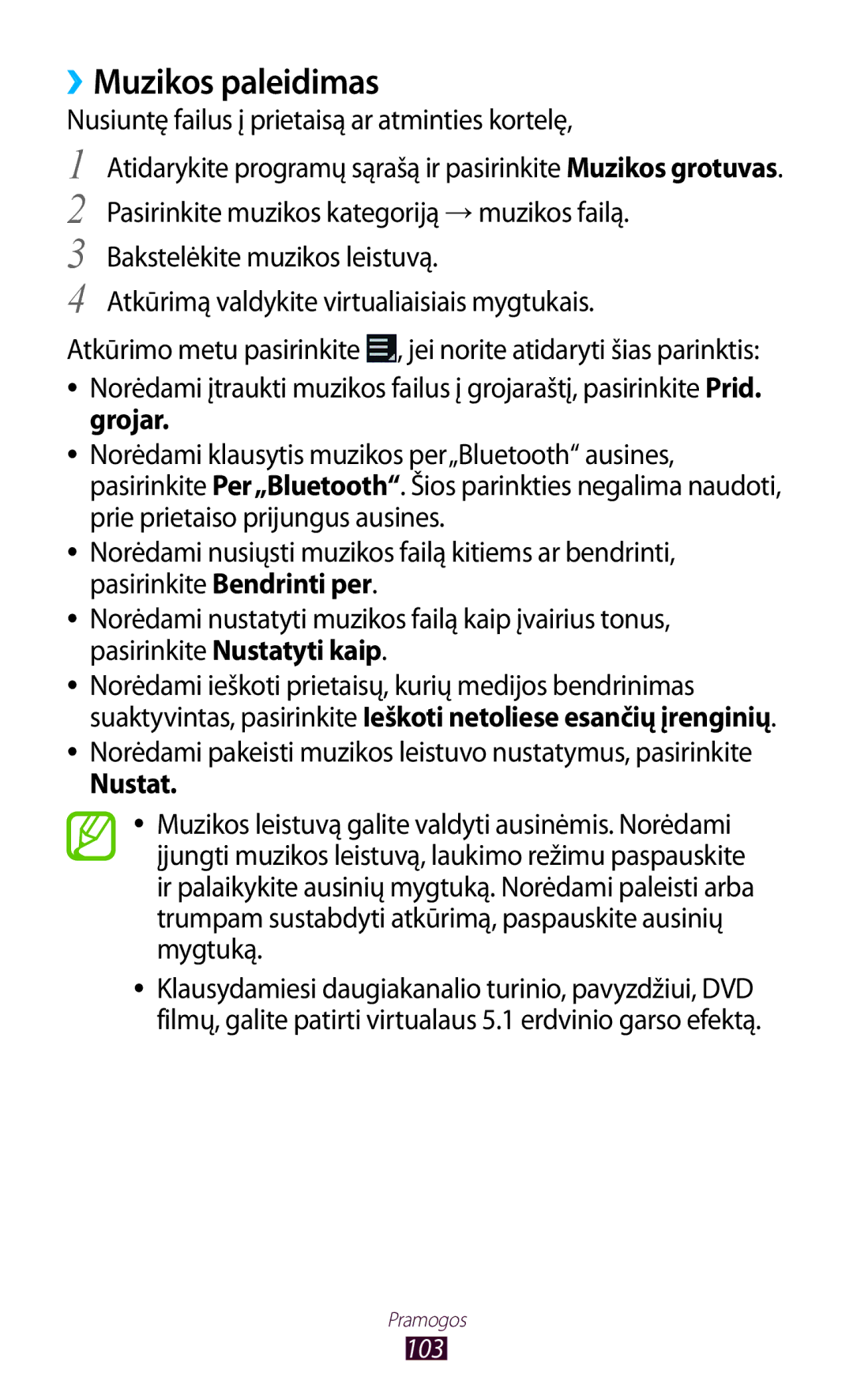 Samsung GT-N8000ZWASEB, GT-N8000EAASEB manual ››Muzikos paleidimas, Nusiuntę failus į prietaisą ar atminties kortelę, Grojar 