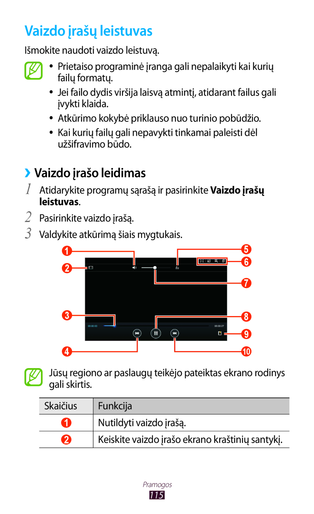 Samsung GT-N8000ZWASEB, GT-N8000EAASEB manual Vaizdo įrašų leistuvas, ››Vaizdo įrašo leidimas, Leistuvas 