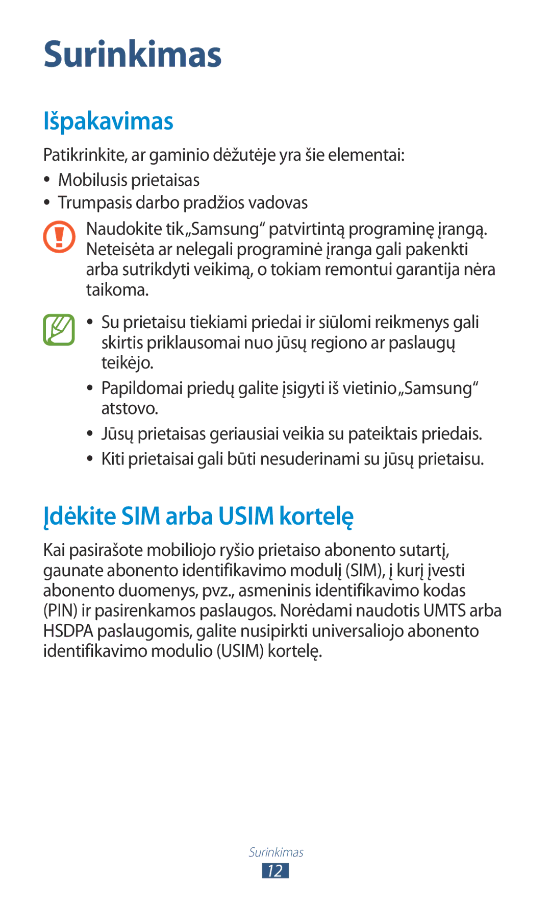 Samsung GT-N8000EAASEB, GT-N8000ZWASEB manual Išpakavimas, Įdėkite SIM arba Usim kortelę 