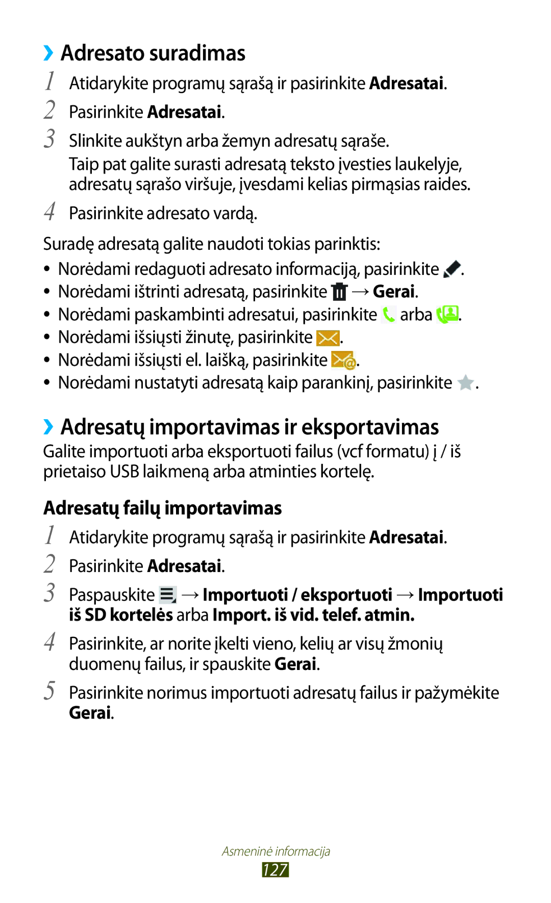 Samsung GT-N8000ZWASEB manual ››Adresato suradimas, ››Adresatų importavimas ir eksportavimas, Adresatų failų importavimas 