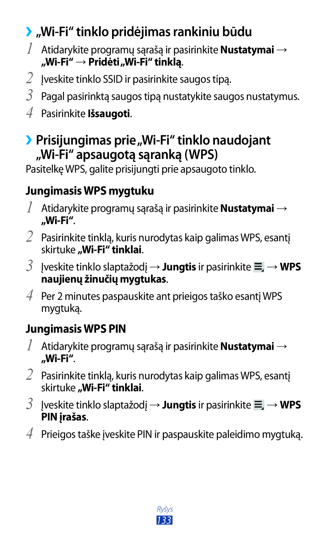 Samsung GT-N8000ZWASEB manual ››„Wi-Fi tinklo pridėjimas rankiniu būdu, Jungimasis WPS mygtuku, Jungimasis WPS PIN 