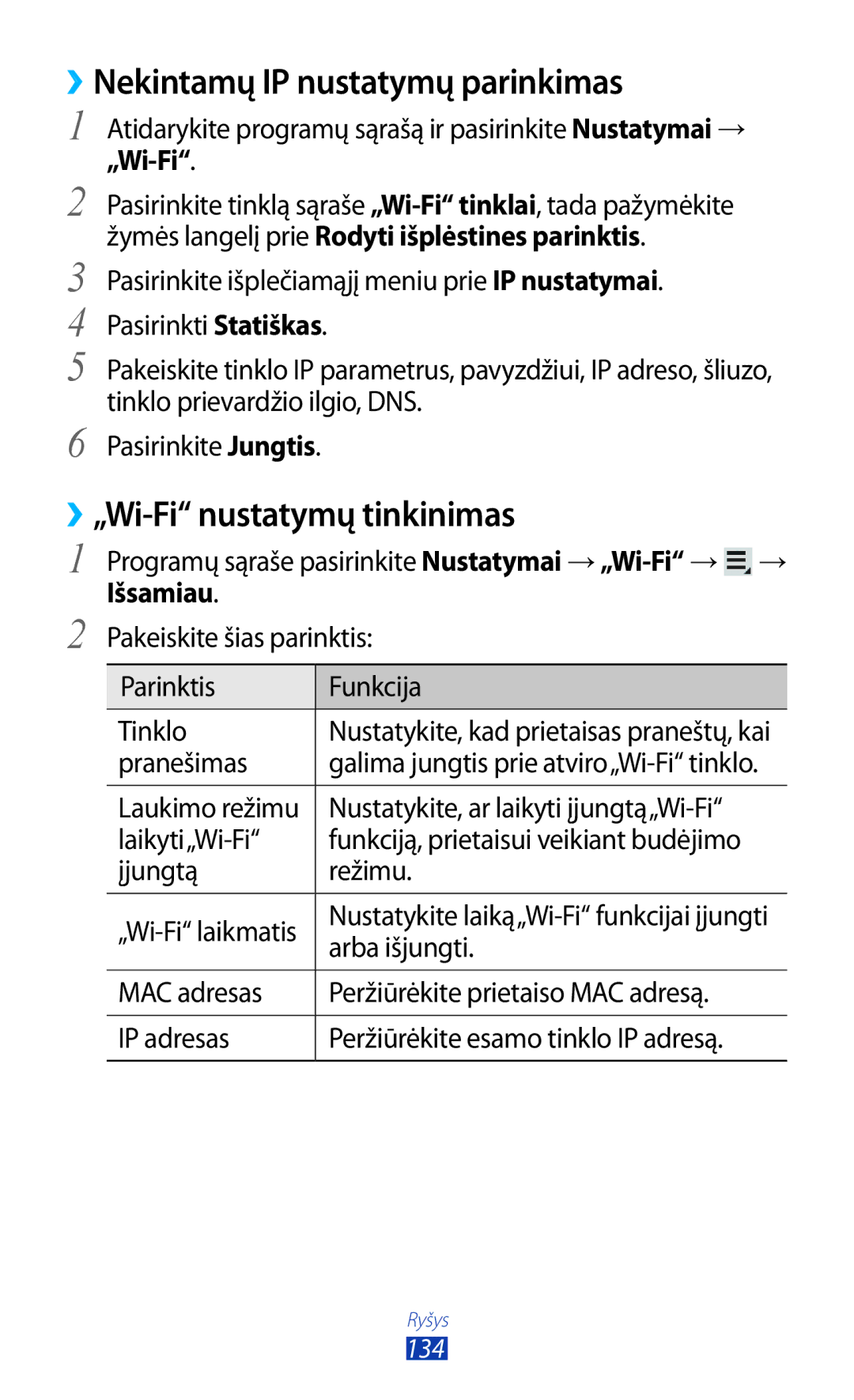 Samsung GT-N8000EAASEB, GT-N8000ZWASEB manual ››Nekintamų IP nustatymų parinkimas, ››„Wi-Fi nustatymų tinkinimas 