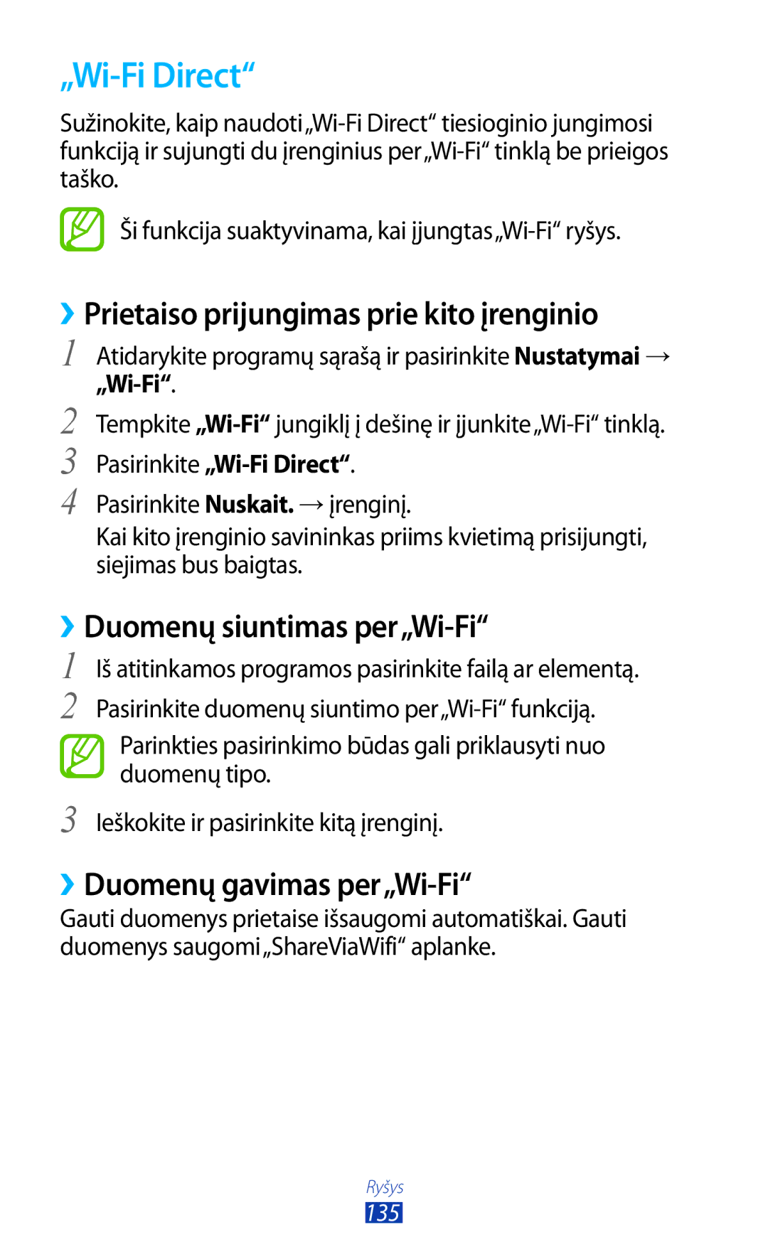 Samsung GT-N8000ZWASEB manual „Wi-Fi Direct, ››Prietaiso prijungimas prie kito įrenginio, ››Duomenų siuntimas per„Wi-Fi 