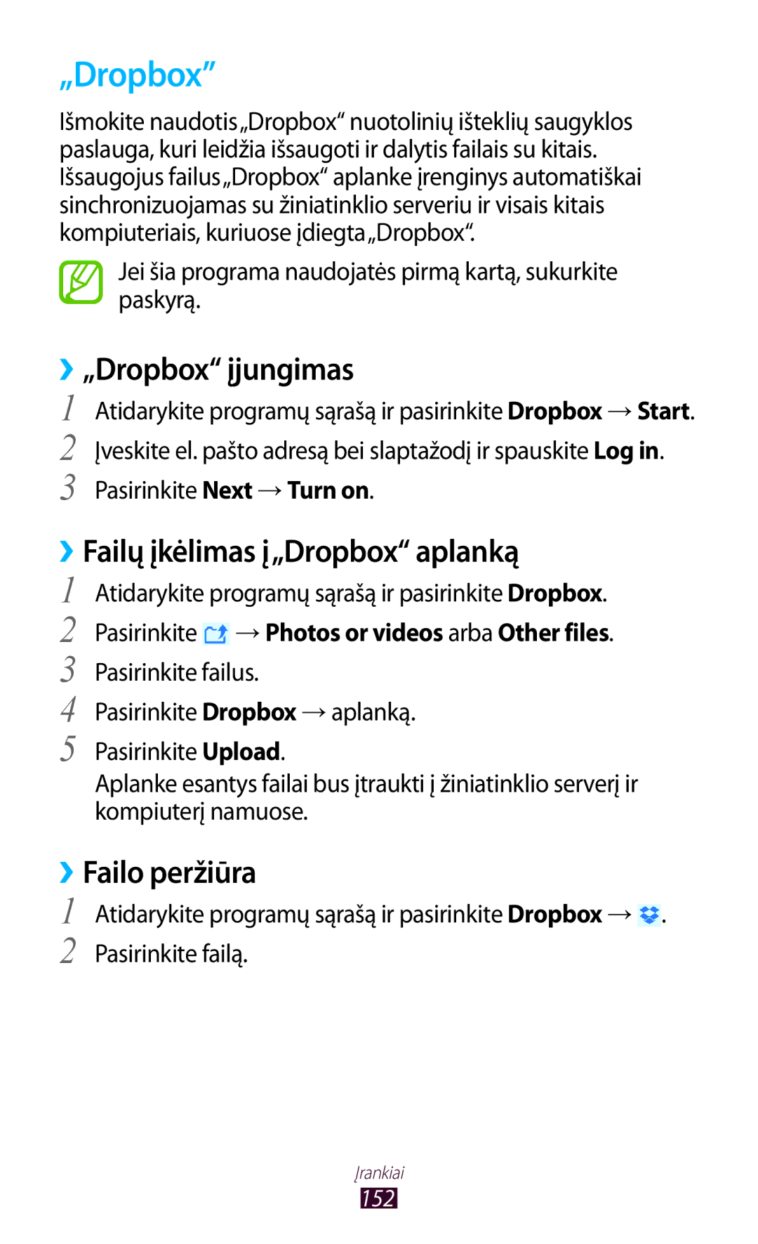 Samsung GT-N8000EAASEB, GT-N8000ZWASEB manual ››„Dropbox įjungimas, ››Failų įkėlimas į„Dropbox aplanką, ››Failo peržiūra 