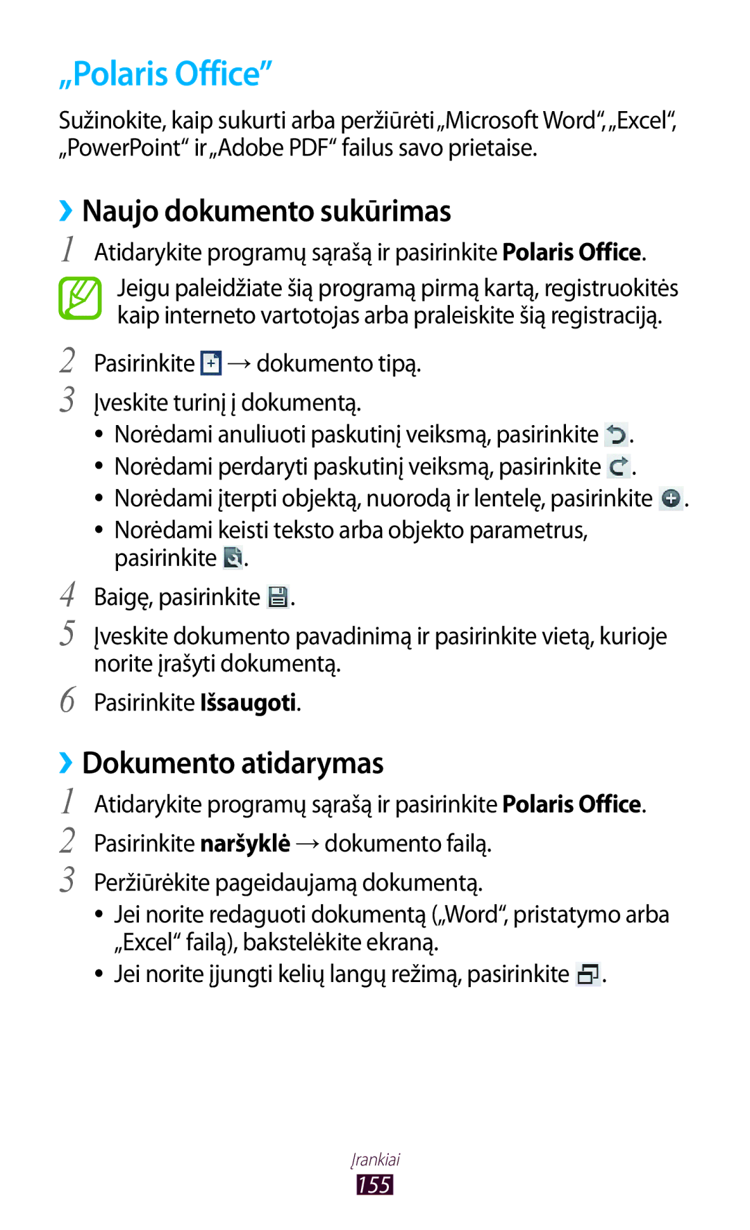 Samsung GT-N8000ZWASEB, GT-N8000EAASEB manual „Polaris Office, ››Naujo dokumento sukūrimas, ››Dokumento atidarymas 