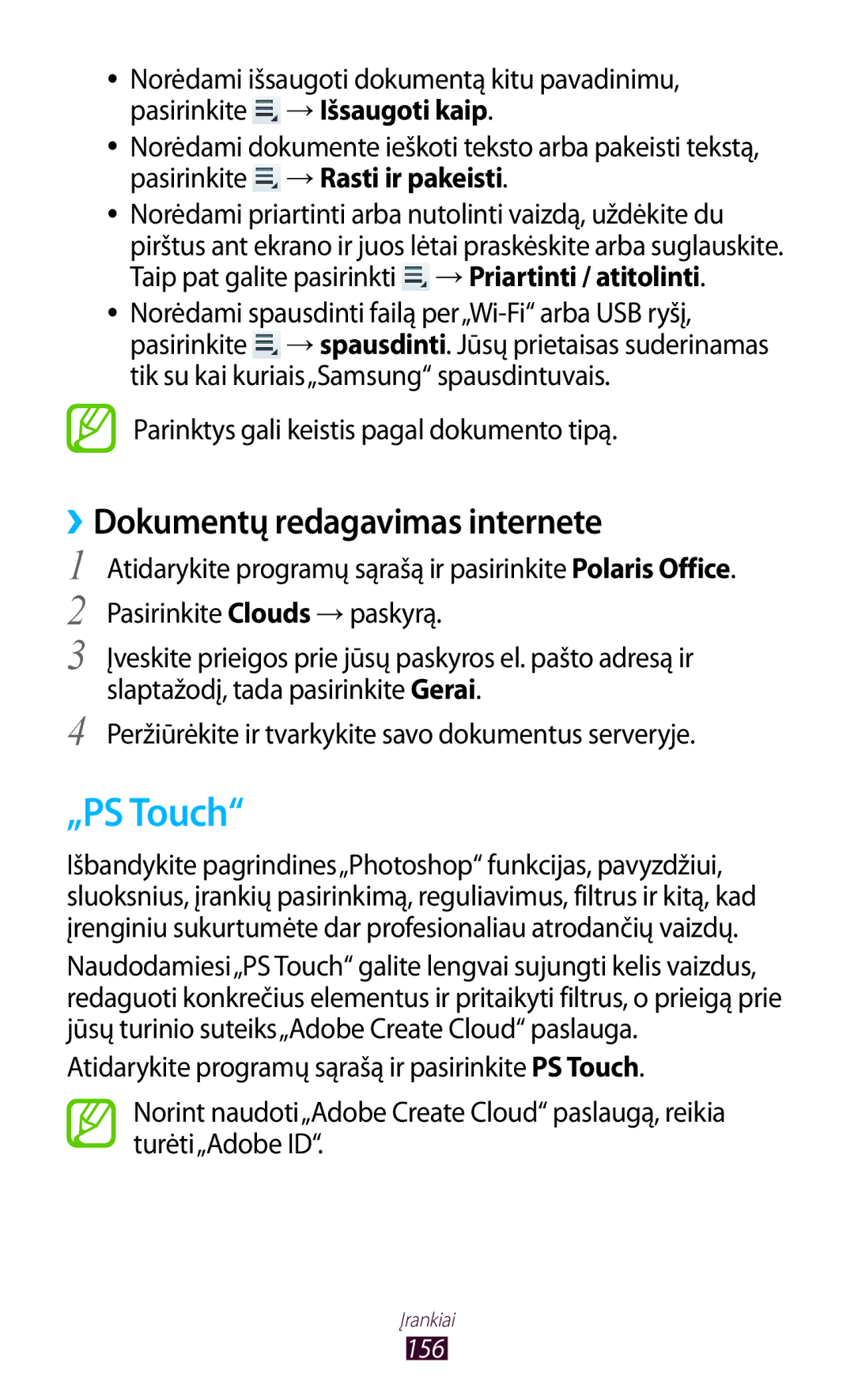 Samsung GT-N8000EAASEB manual „PS Touch, ››Dokumentų redagavimas internete, Parinktys gali keistis pagal dokumento tipą 