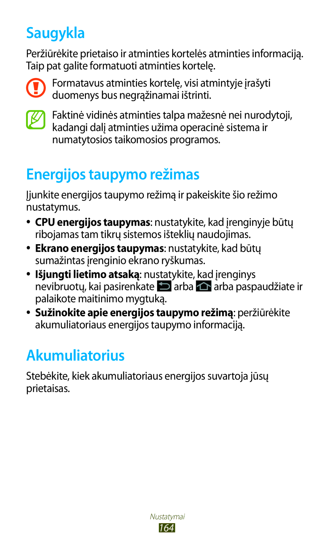 Samsung GT-N8000EAASEB, GT-N8000ZWASEB manual Saugykla, Energijos taupymo režimas, Akumuliatorius 