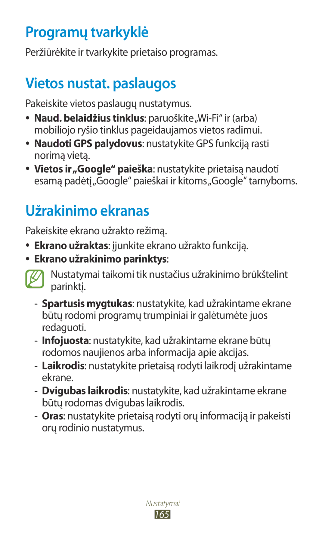 Samsung GT-N8000ZWASEB, GT-N8000EAASEB manual Programų tvarkyklė, Vietos nustat. paslaugos, Užrakinimo ekranas 