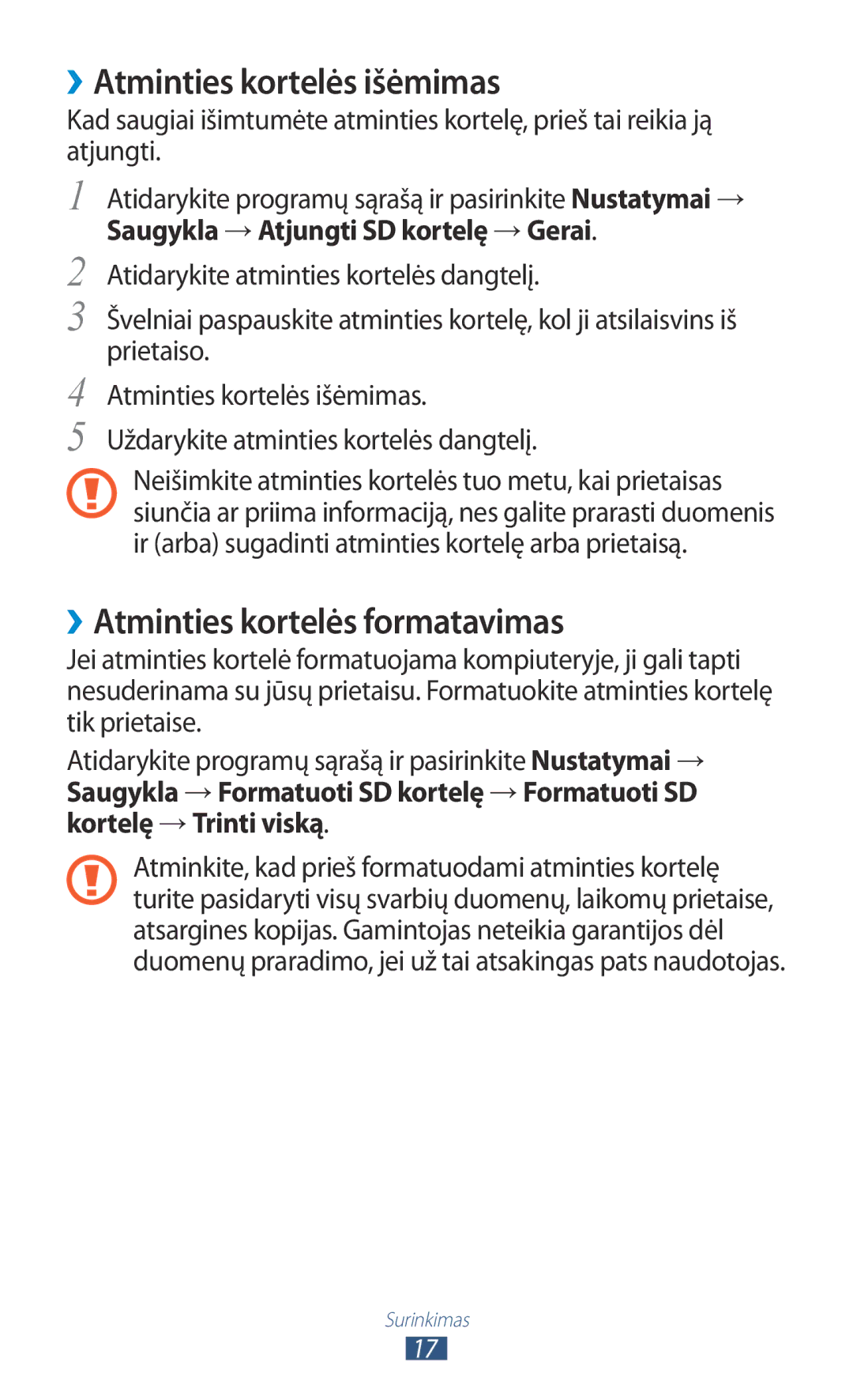 Samsung GT-N8000ZWASEB, GT-N8000EAASEB manual ››Atminties kortelės išėmimas, ››Atminties kortelės formatavimas 