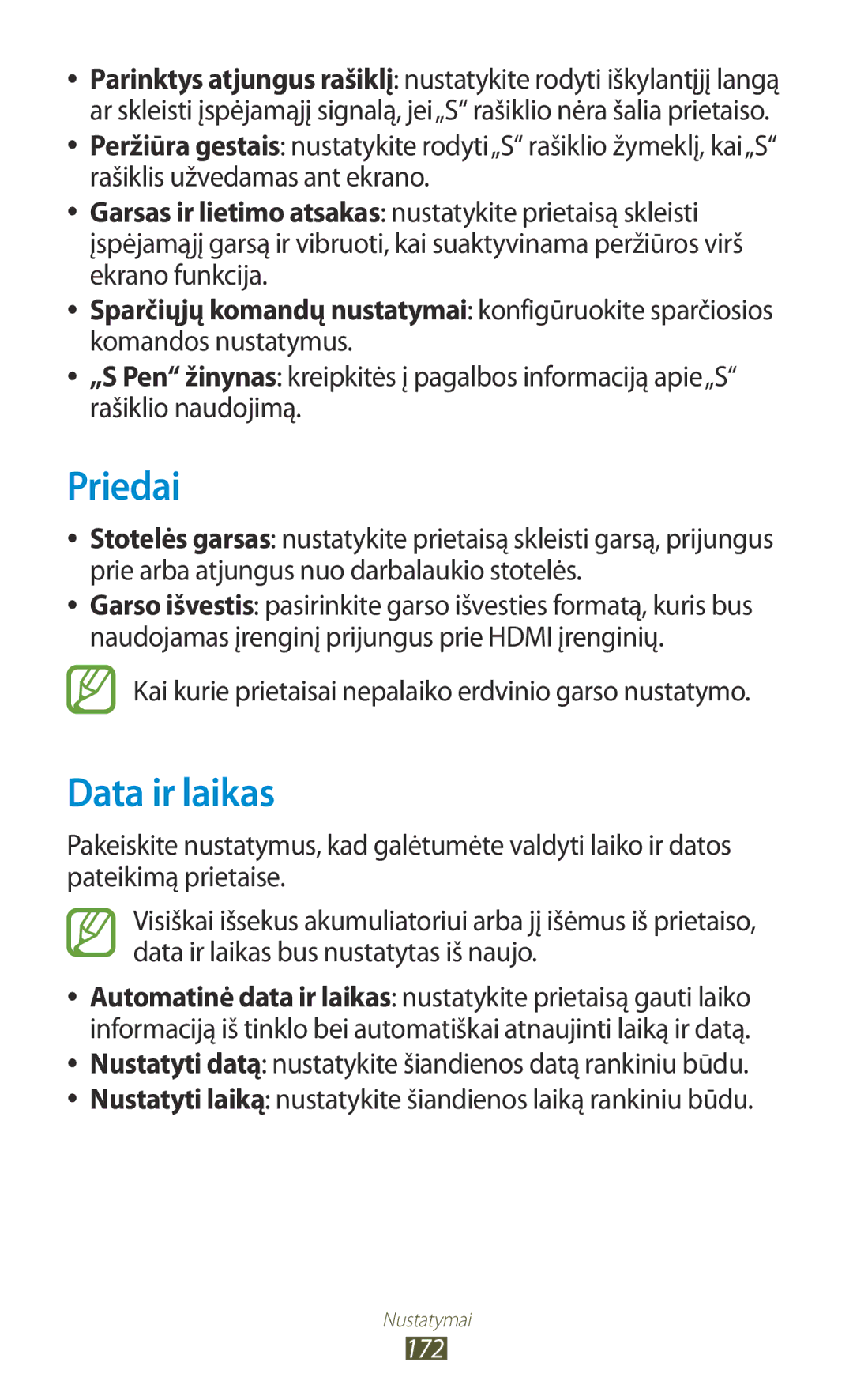 Samsung GT-N8000EAASEB, GT-N8000ZWASEB Priedai, Data ir laikas, Kai kurie prietaisai nepalaiko erdvinio garso nustatymo 