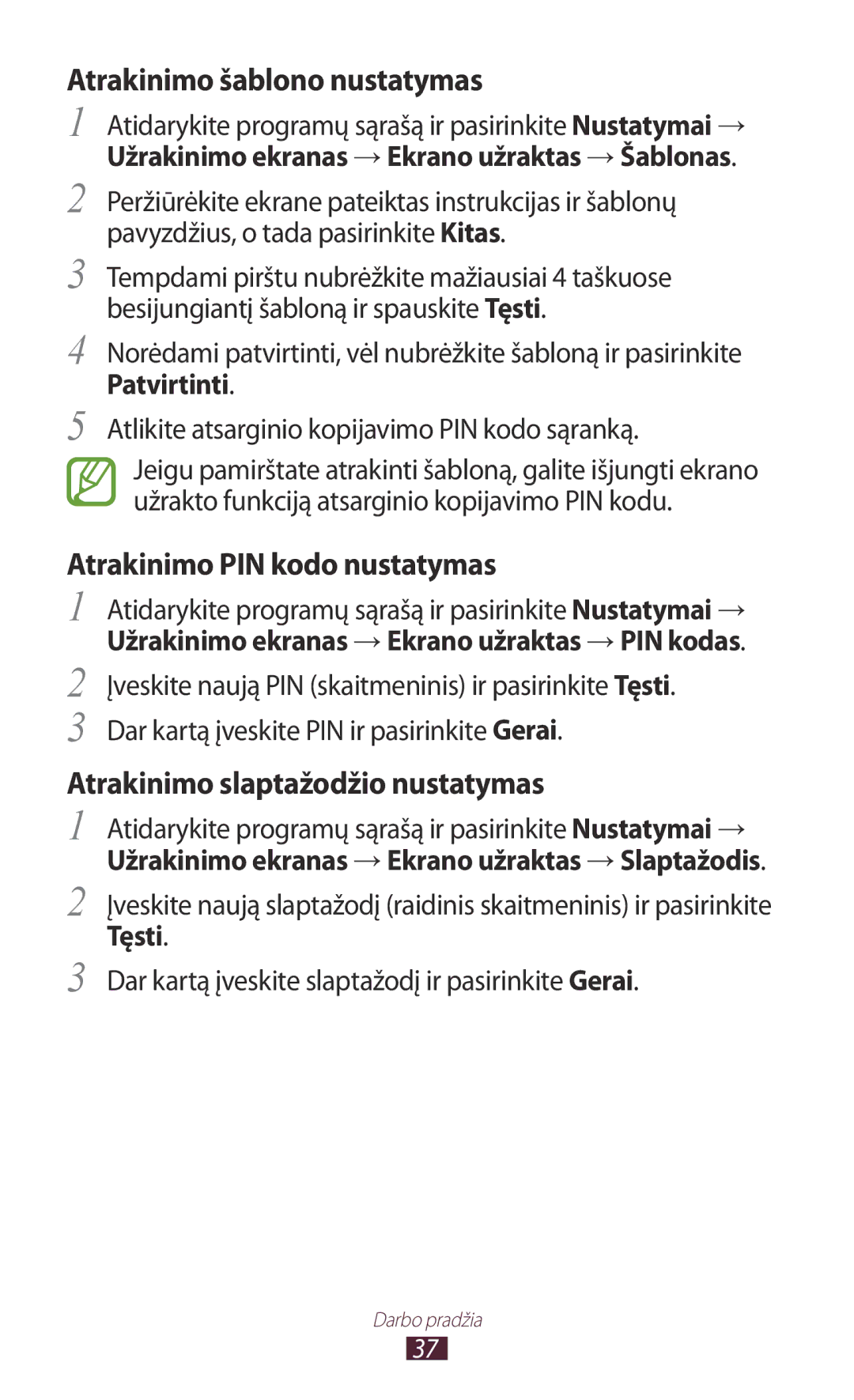 Samsung GT-N8000ZWASEB Atrakinimo šablono nustatymas, Atrakinimo PIN kodo nustatymas, Atrakinimo slaptažodžio nustatymas 