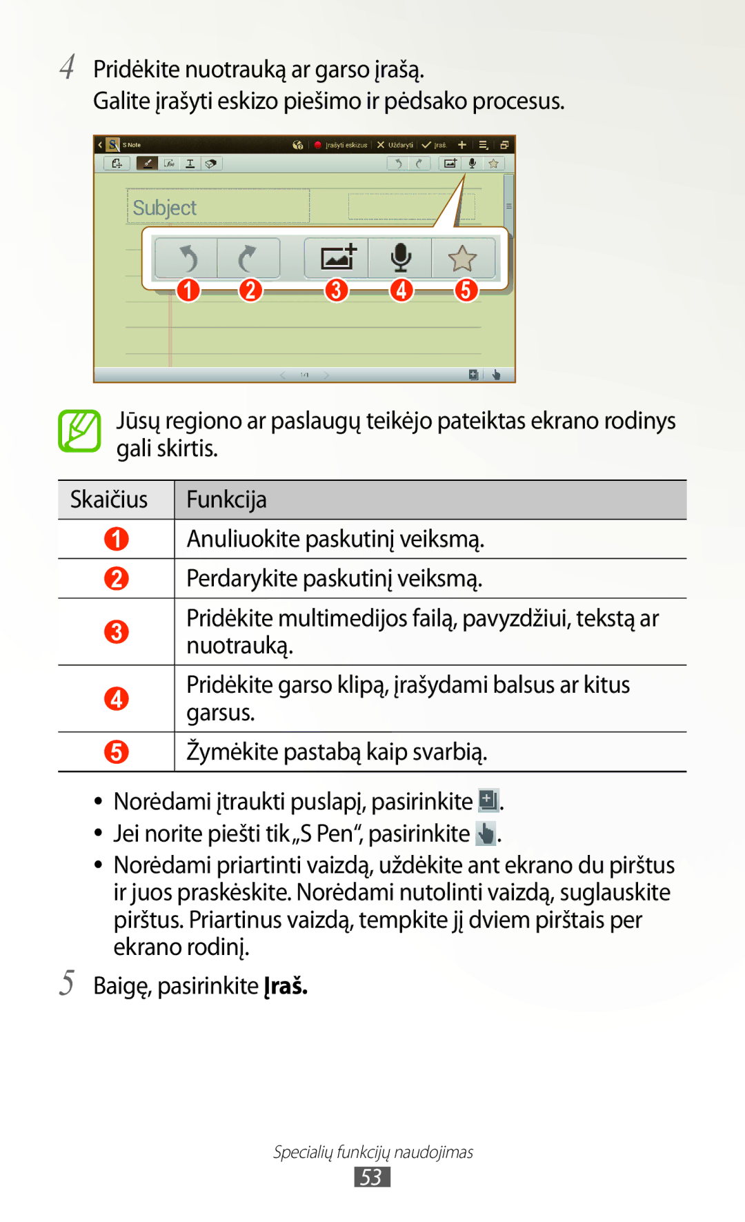 Samsung GT-N8000ZWASEB, GT-N8000EAASEB manual Specialių funkcijų naudojimas 