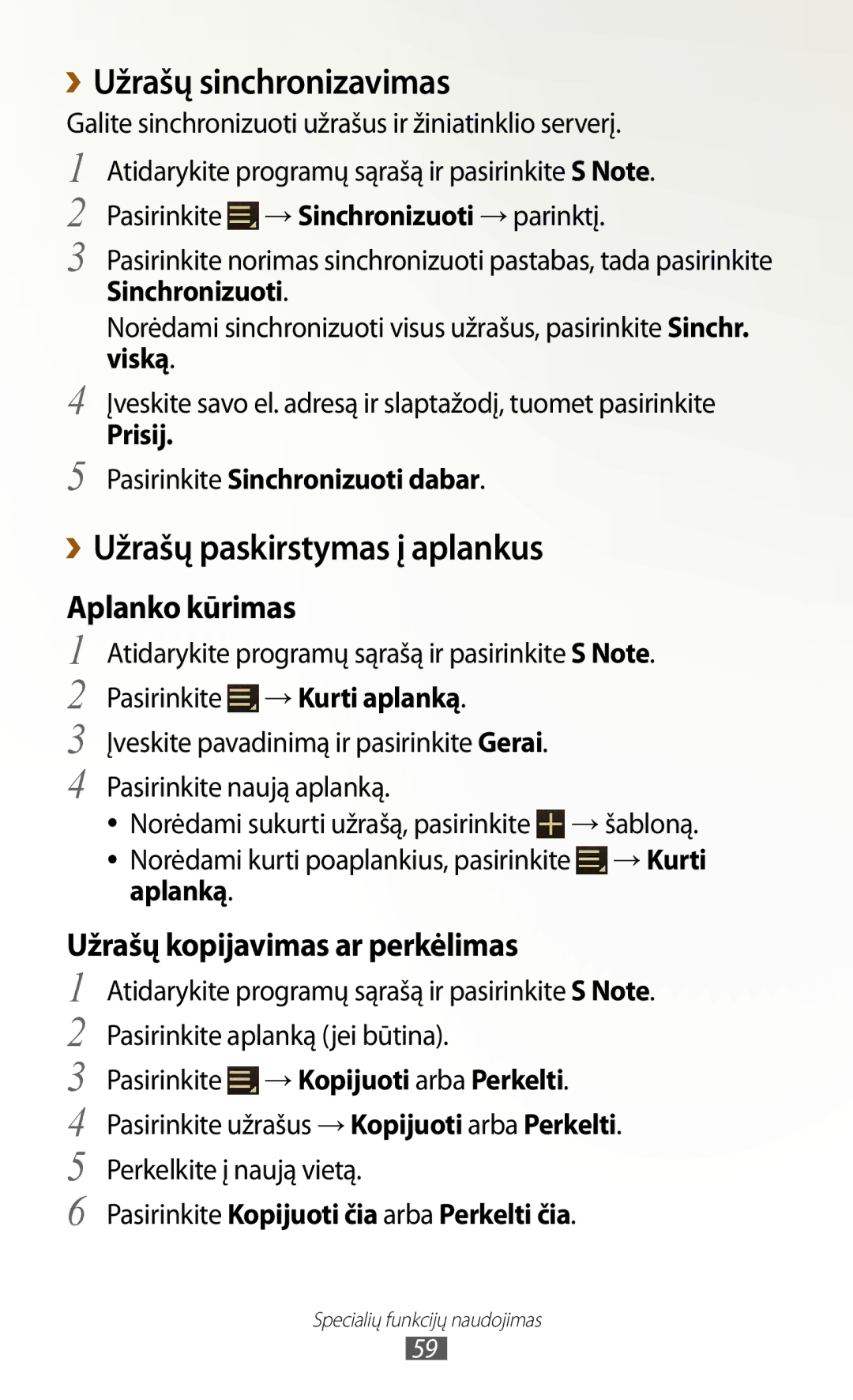 Samsung GT-N8000ZWASEB, GT-N8000EAASEB manual ››Užrašų sinchronizavimas, ››Užrašų paskirstymas į aplankus, Aplanką 