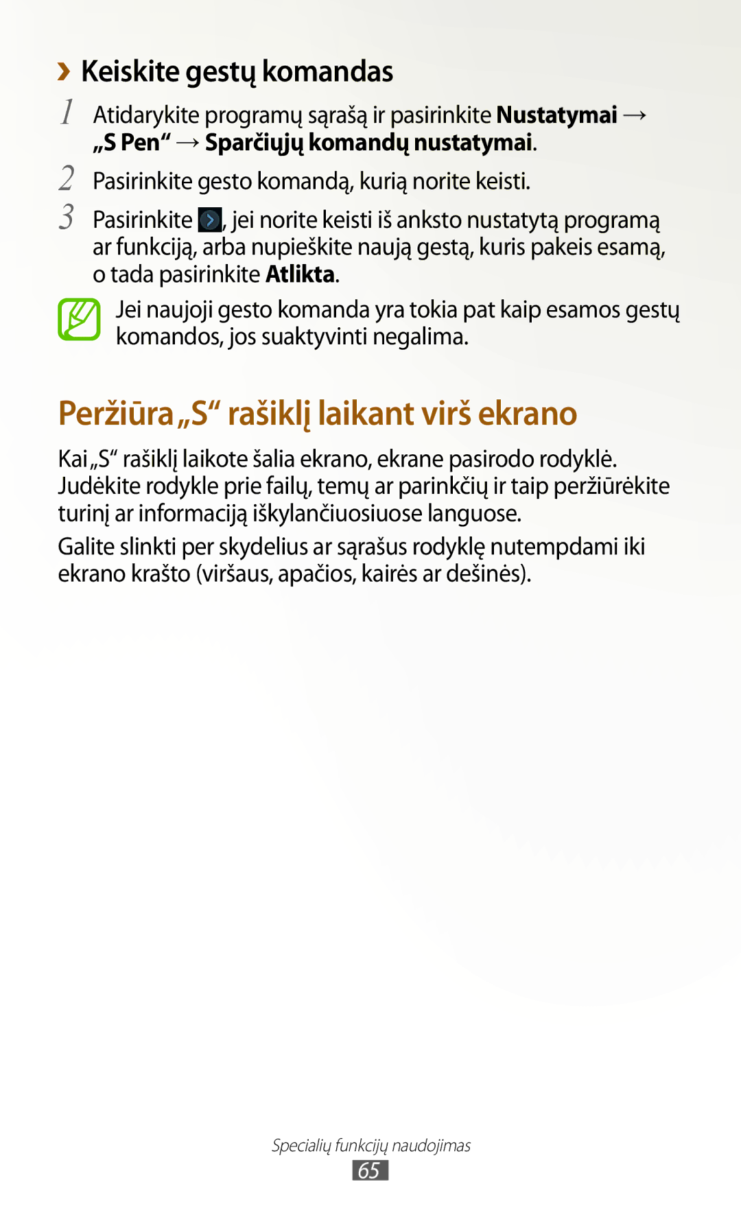 Samsung GT-N8000ZWASEB, GT-N8000EAASEB manual ››Keiskite gestų komandas, „S Pen →Sparčiųjų komandų nustatymai 
