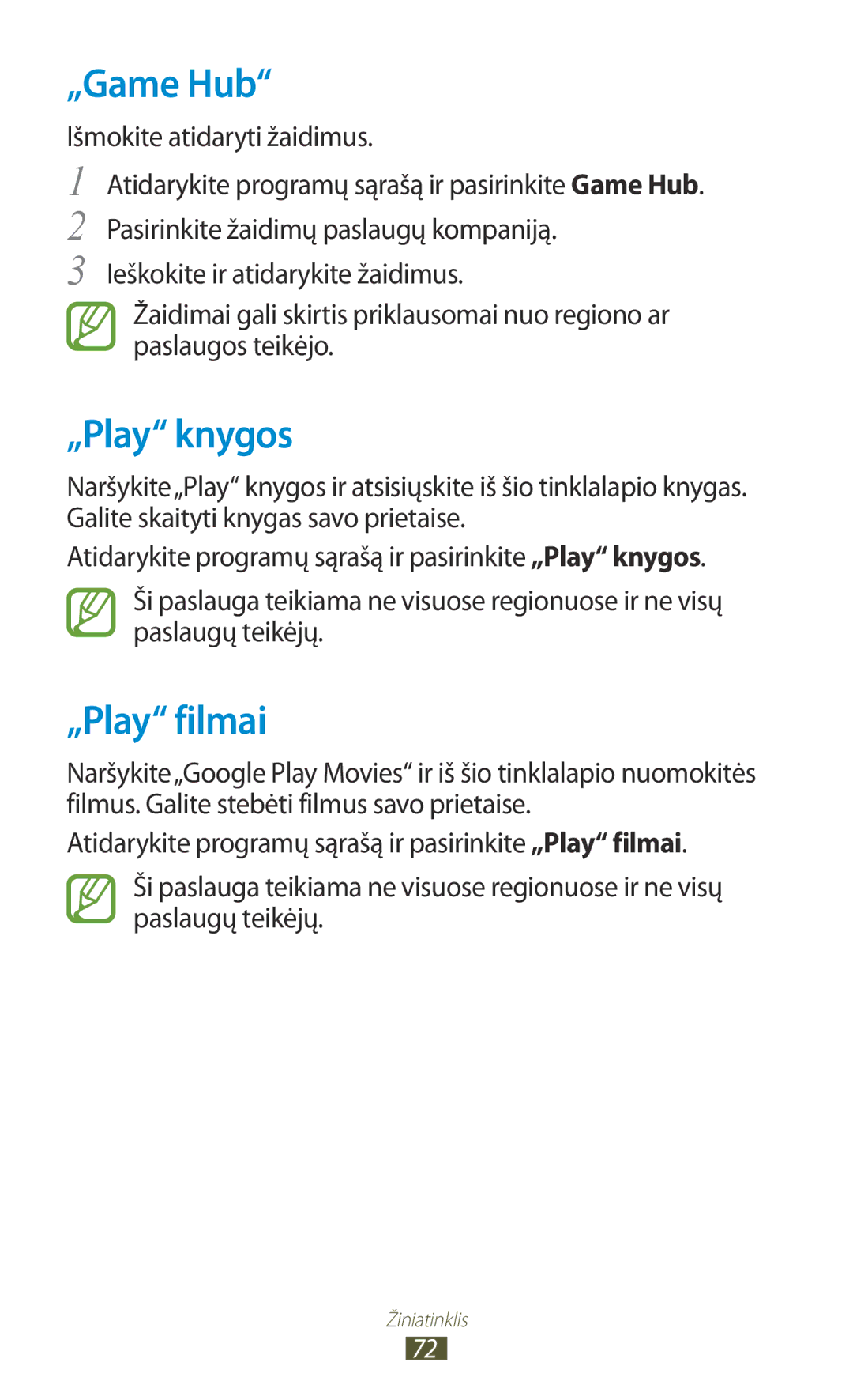 Samsung GT-N8000EAASEB, GT-N8000ZWASEB manual „Game Hub, „Play knygos, „Play filmai 