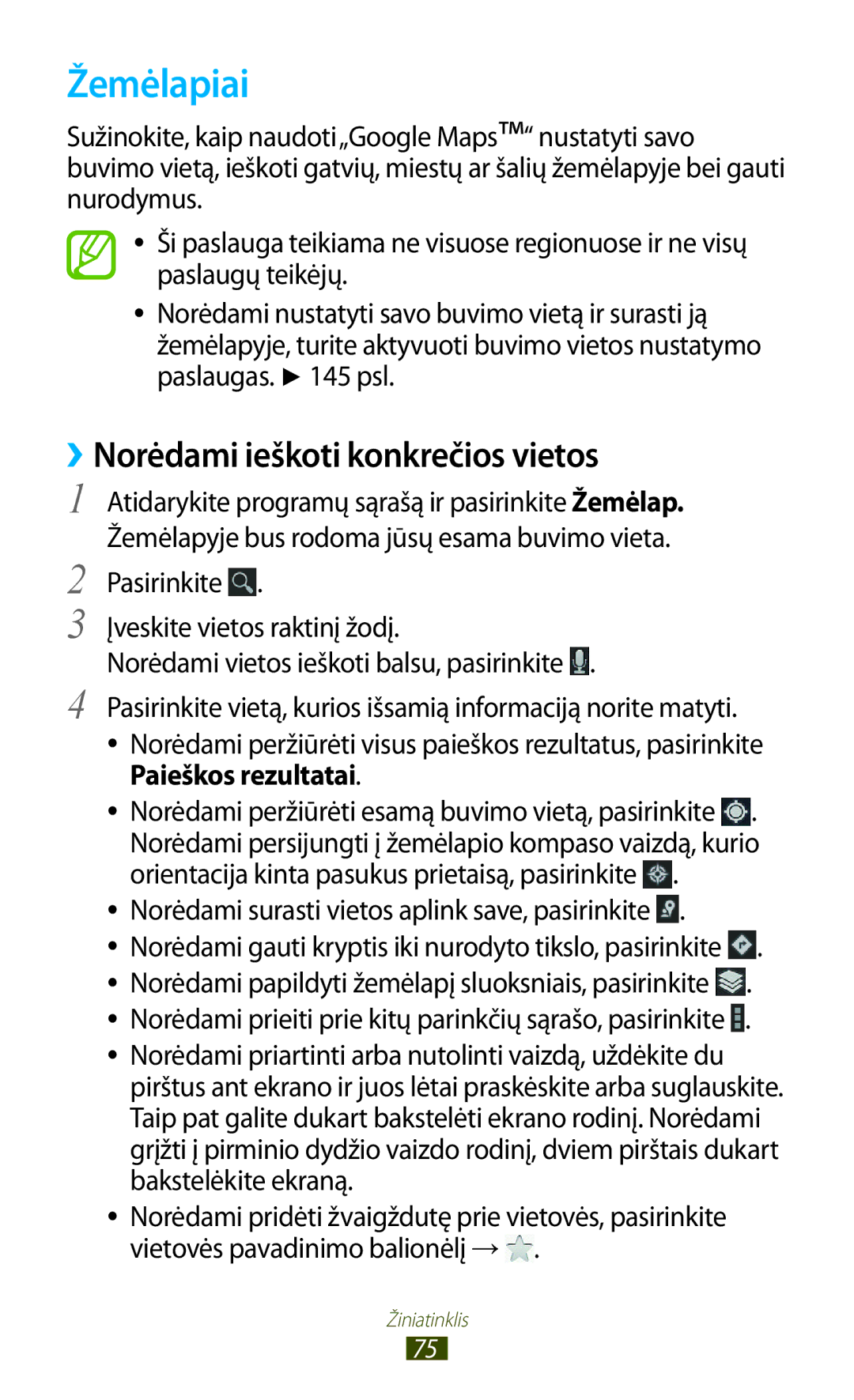 Samsung GT-N8000ZWASEB, GT-N8000EAASEB manual Žemėlapiai, ››Norėdami ieškoti konkrečios vietos, Paieškos rezultatai 