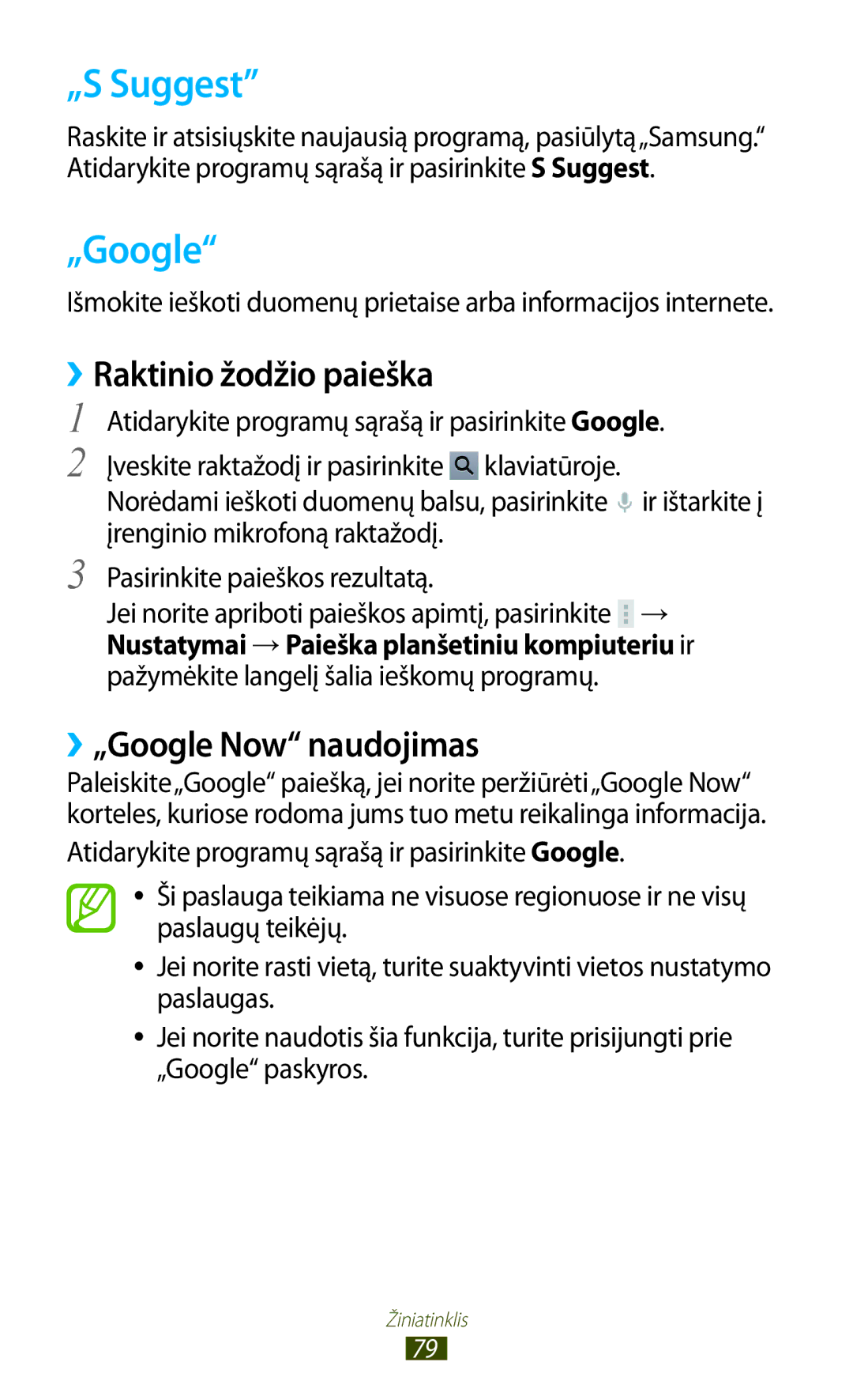 Samsung GT-N8000ZWASEB, GT-N8000EAASEB manual „S Suggest, ››Raktinio žodžio paieška, ››„Google Now naudojimas 