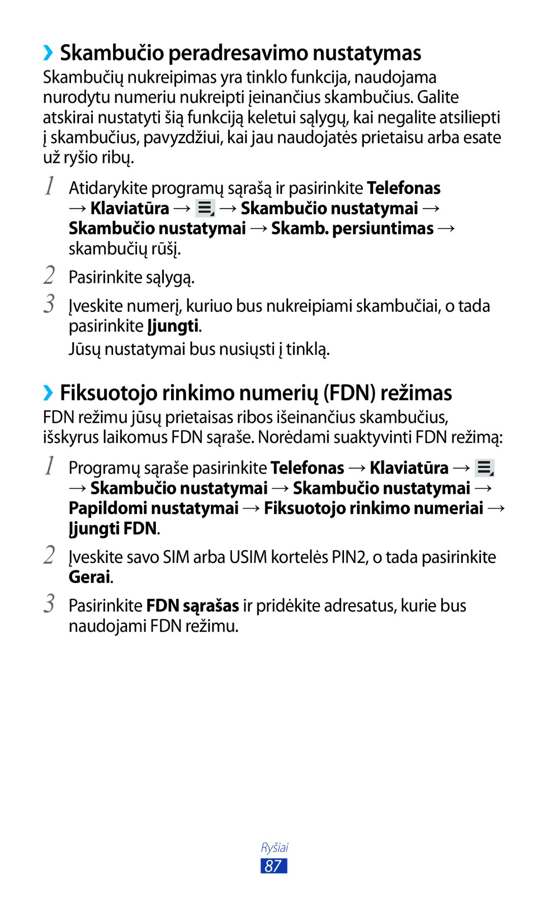 Samsung GT-N8000ZWASEB manual ››Skambučio peradresavimo nustatymas, ››Fiksuotojo rinkimo numerių FDN režimas, Gerai 