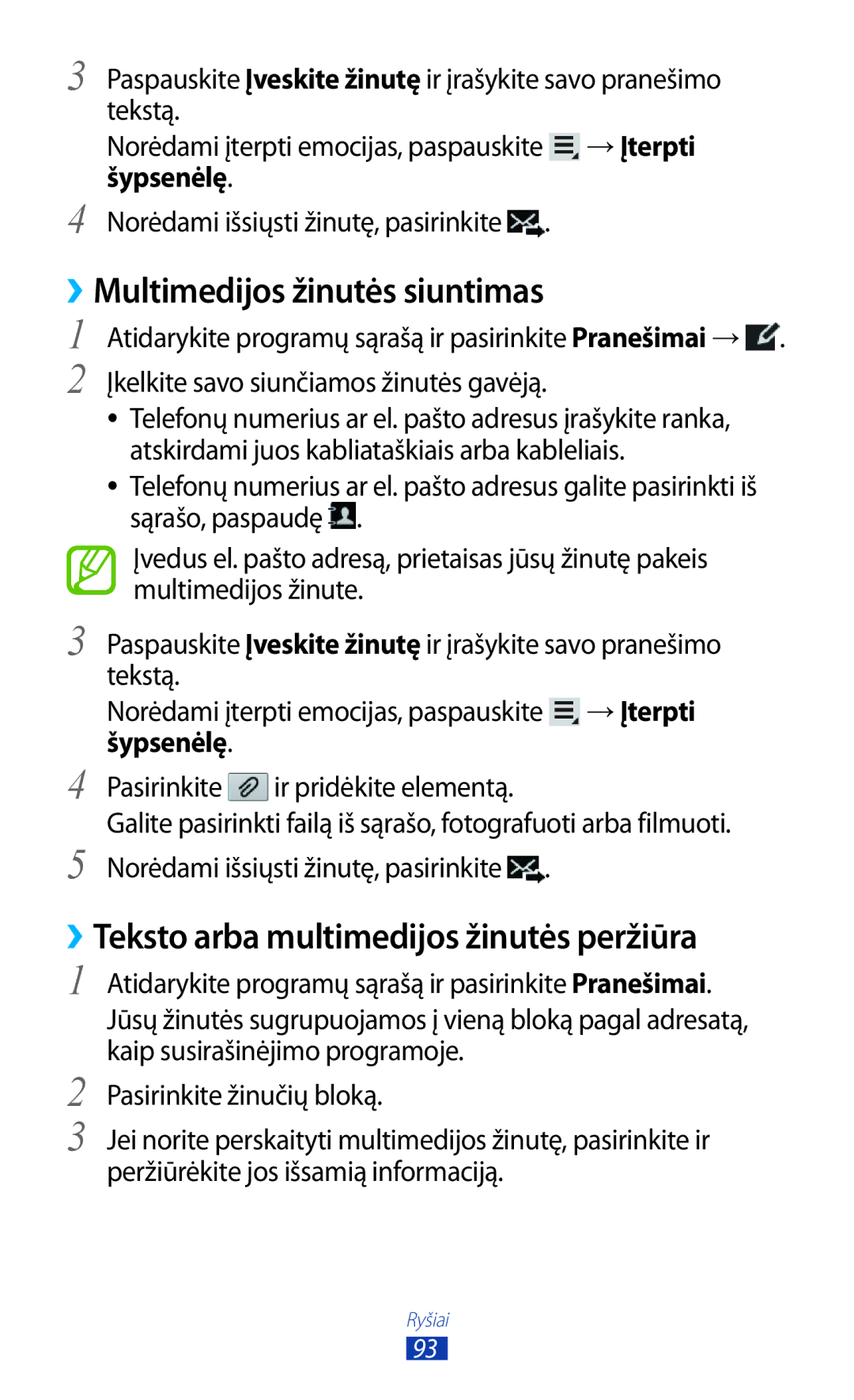 Samsung GT-N8000ZWASEB, GT-N8000EAASEB manual ››Multimedijos žinutės siuntimas, ››Teksto arba multimedijos žinutės peržiūra 