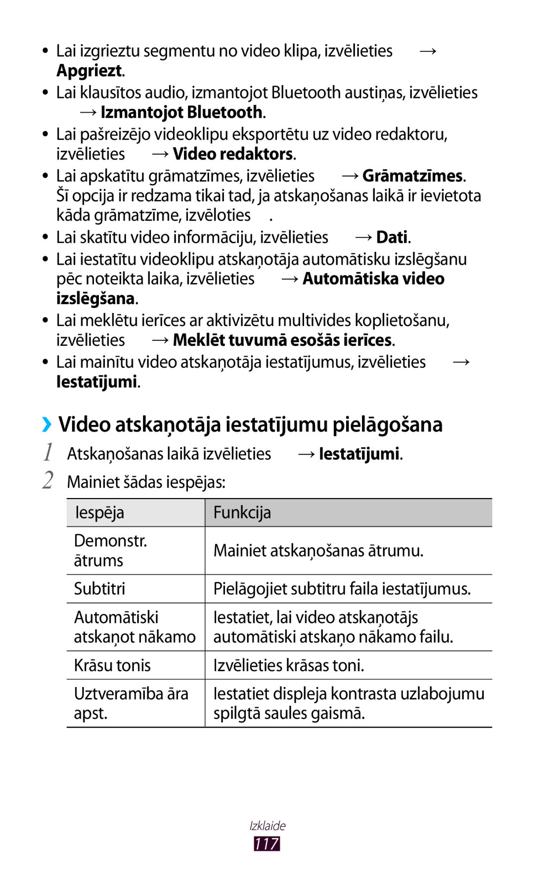 Samsung GT-N8000ZWASEB manual ››Video atskaņotāja iestatījumu pielāgošana, Automātiski Iestatiet, lai video atskaņotājs 