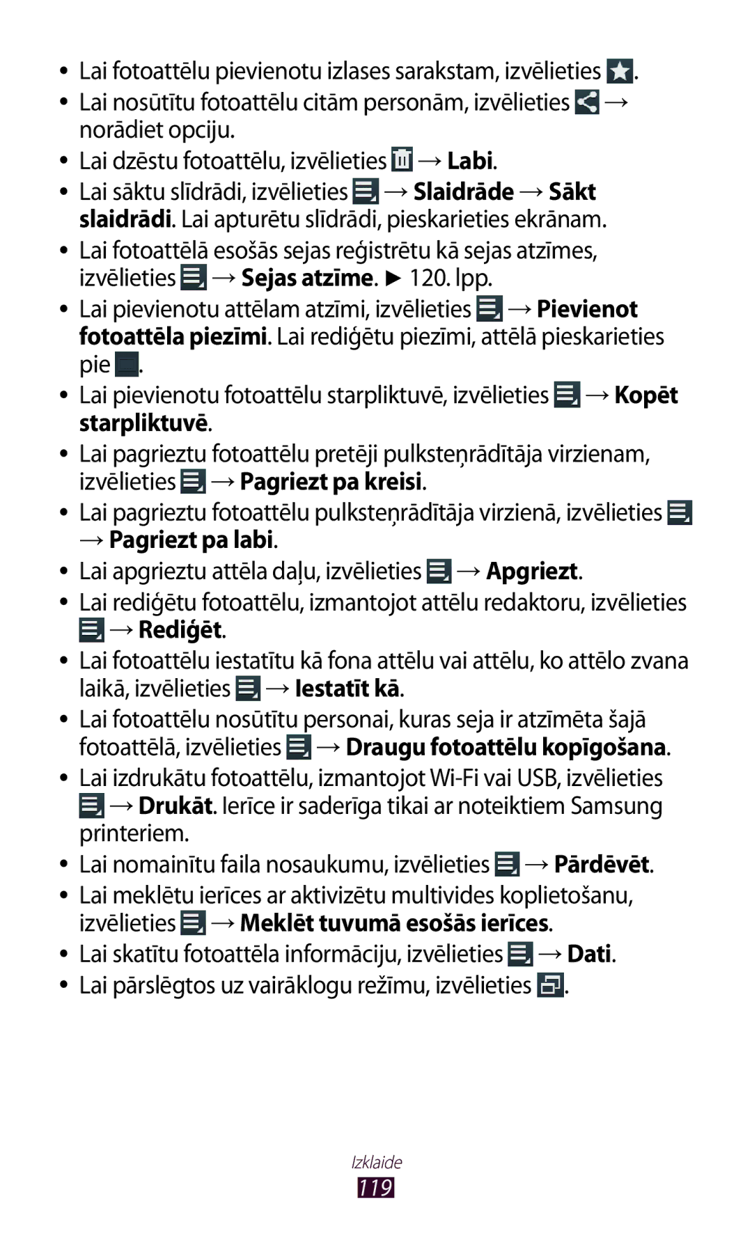 Samsung GT-N8000ZWASEB manual → Pagriezt pa labi, Lai apgrieztu attēla daļu, izvēlieties →Apgriezt, Printeriem, →Pārdēvēt 