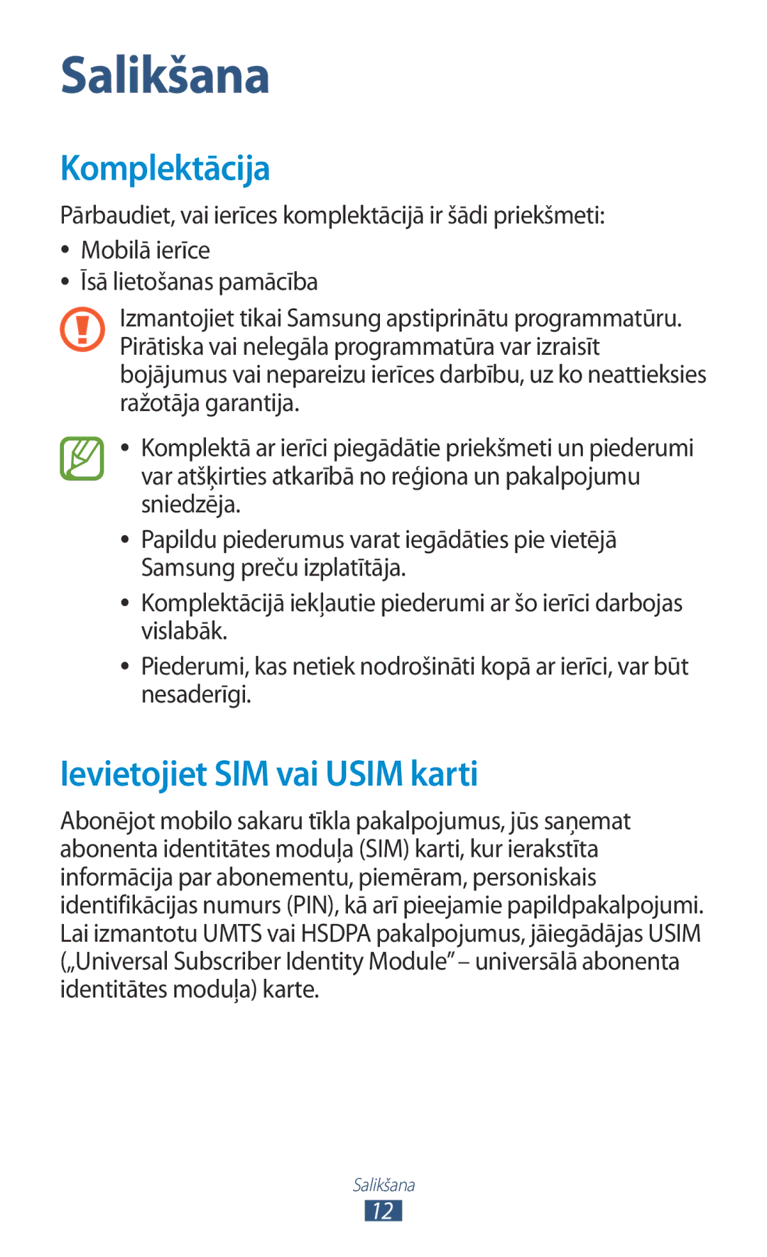 Samsung GT-N8000EAASEB, GT-N8000ZWASEB manual Komplektācija, Ievietojiet SIM vai Usim karti 