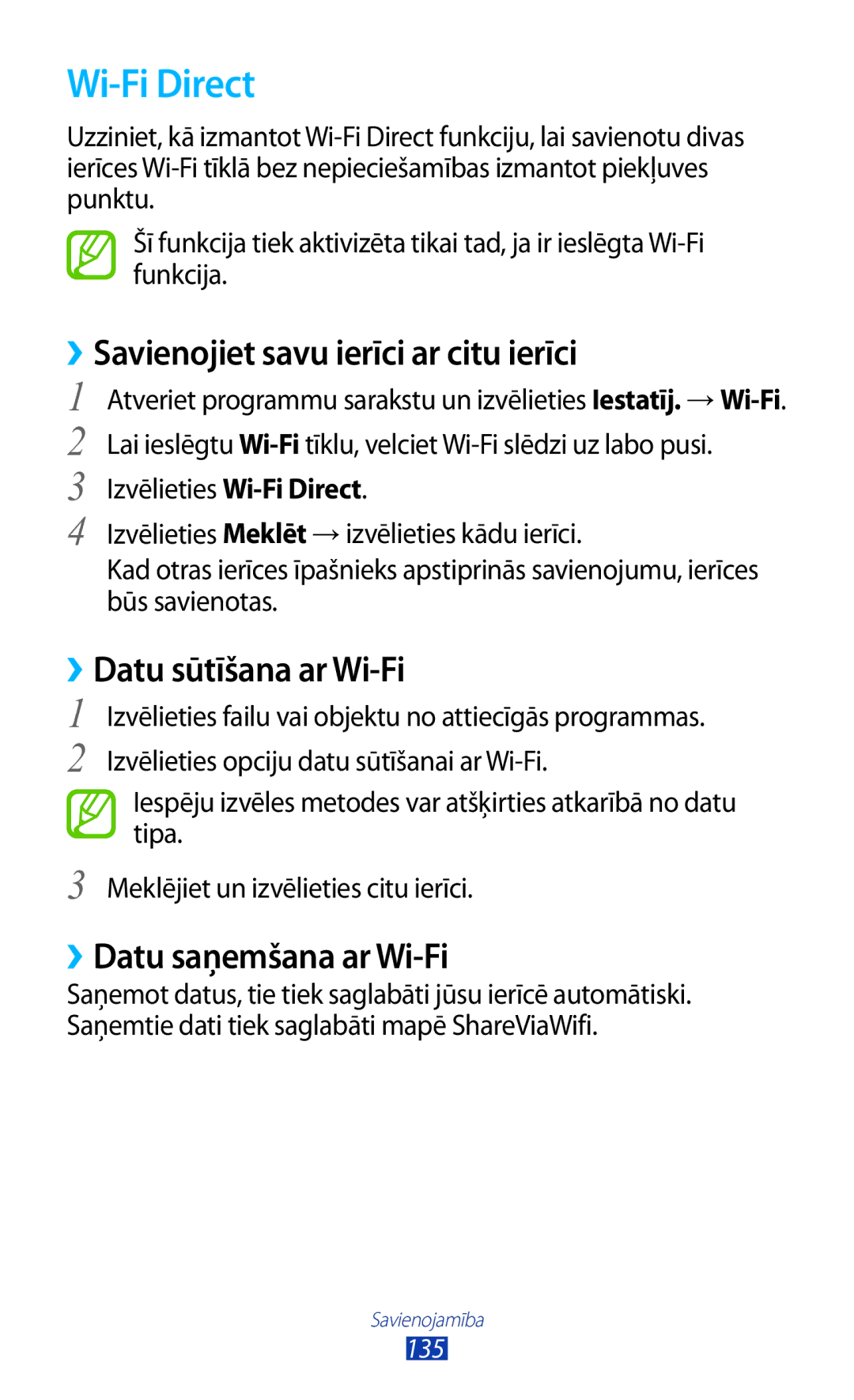 Samsung GT-N8000ZWASEB, GT-N8000EAASEB Wi-Fi Direct, ››Savienojiet savu ierīci ar citu ierīci, ››Datu sūtīšana ar Wi-Fi 