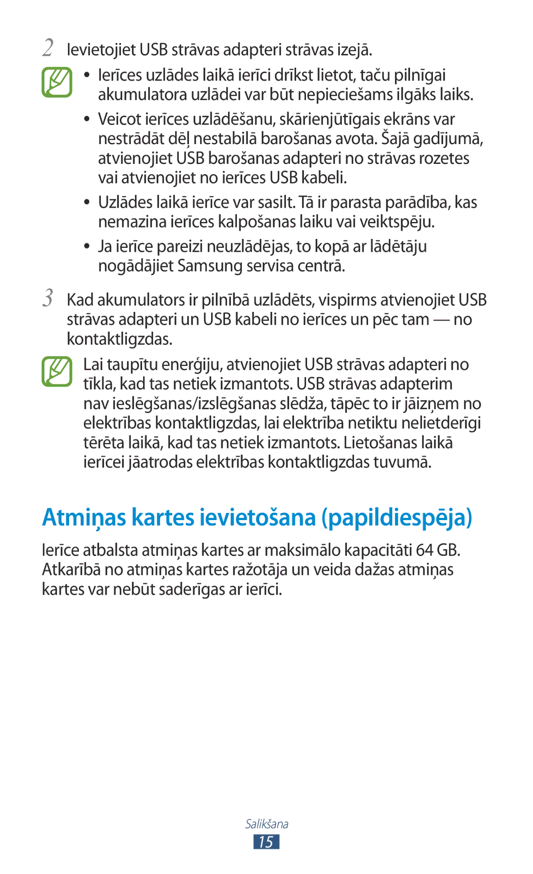 Samsung GT-N8000ZWASEB manual Atmiņas kartes ievietošana papildiespēja, Ievietojiet USB strāvas adapteri strāvas izejā 