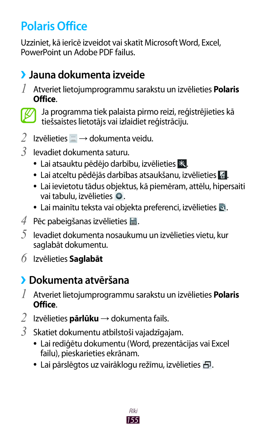 Samsung GT-N8000ZWASEB, GT-N8000EAASEB manual Polaris Office, ››Jauna dokumenta izveide, ››Dokumenta atvēršana 