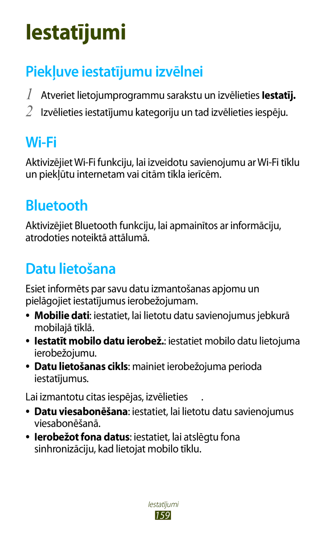 Samsung GT-N8000ZWASEB, GT-N8000EAASEB manual Piekļuve iestatījumu izvēlnei, Datu lietošana 