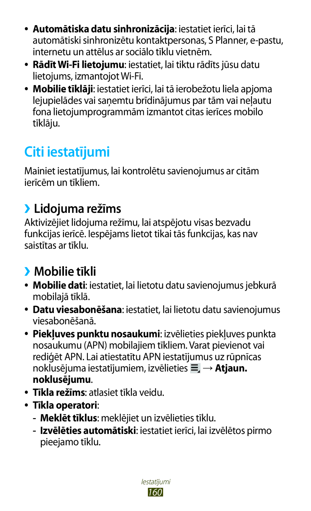 Samsung GT-N8000EAASEB manual Citi iestatījumi, ››Lidojuma režīms, ››Mobilie tīkli, Tīkla režīms atlasiet tīkla veidu 