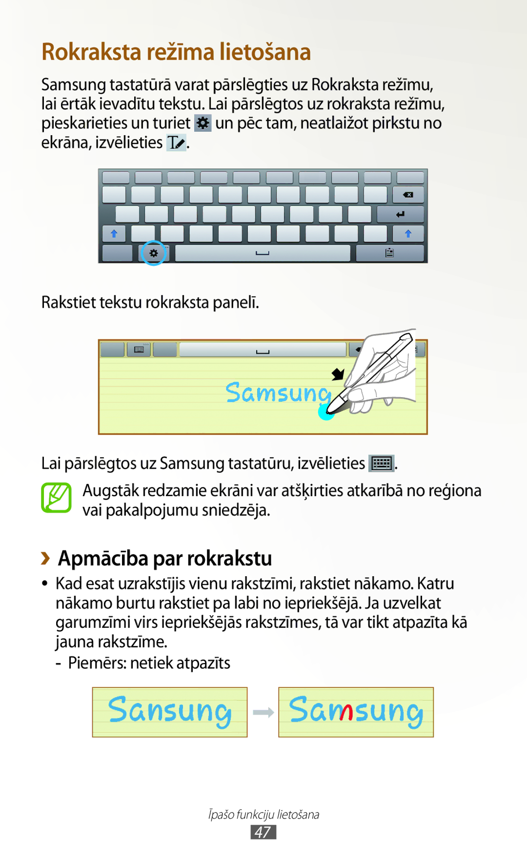 Samsung GT-N8000ZWASEB, GT-N8000EAASEB manual Rokraksta režīma lietošana, ››Apmācība par rokrakstu 