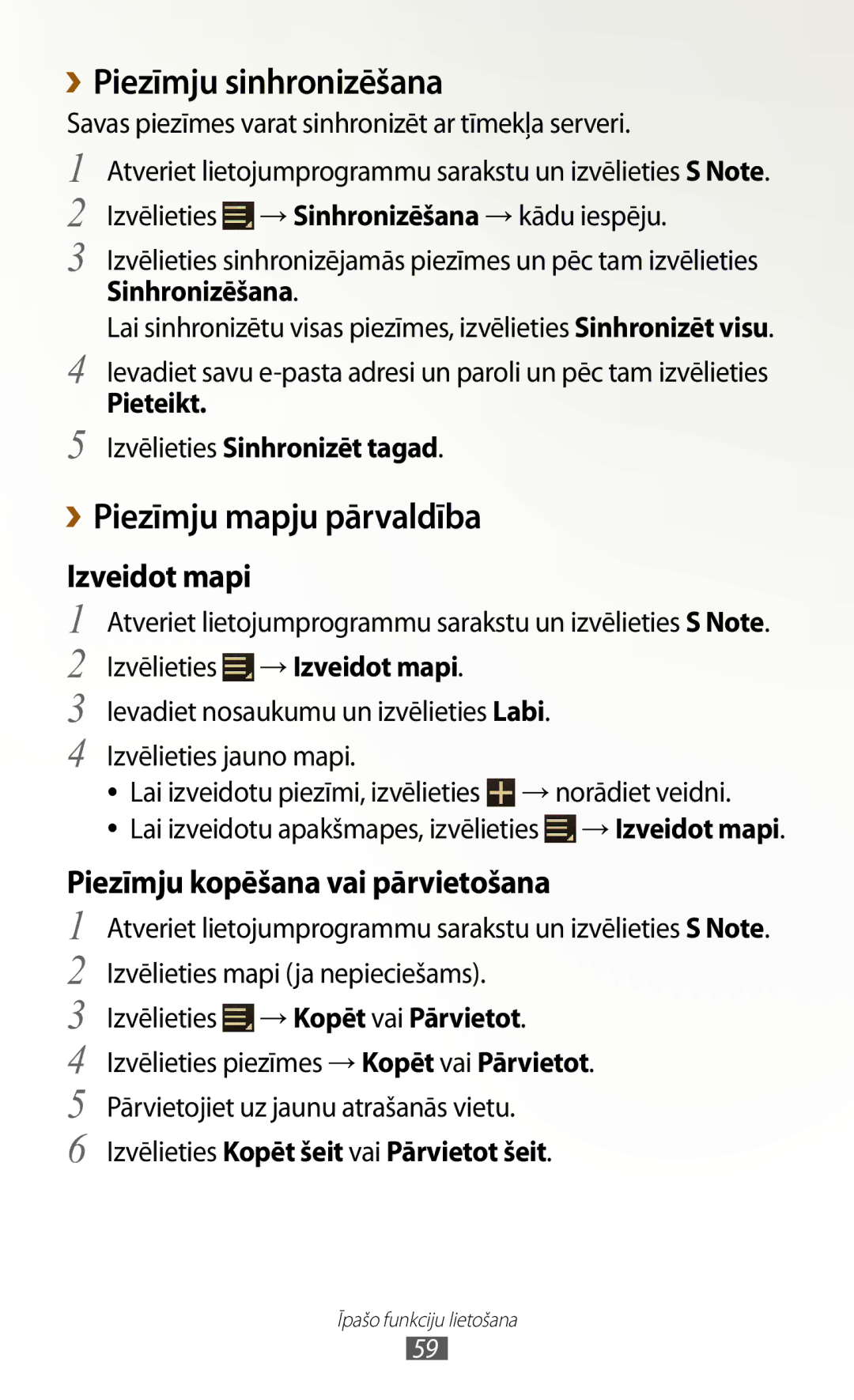 Samsung GT-N8000ZWASEB, GT-N8000EAASEB manual Piezīmju sinhronizēšana, ››Piezīmju mapju pārvaldība 