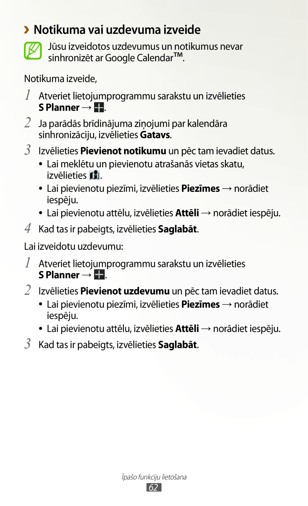 Samsung GT-N8000EAASEB manual ››Notikuma vai uzdevuma izveide, Planner →, Kad tas ir pabeigts, izvēlieties Saglabāt 