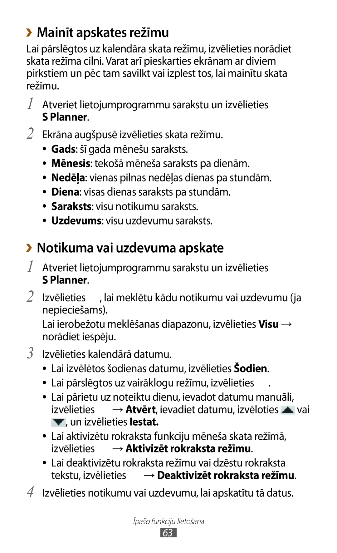 Samsung GT-N8000ZWASEB, GT-N8000EAASEB manual ››Mainīt apskates režīmu, ››Notikuma vai uzdevuma apskate, Planner 